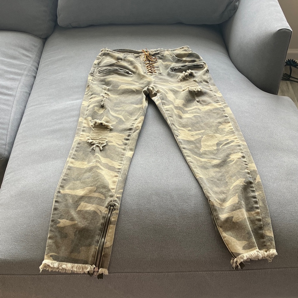 Brooklyn Karma M distressed green camouflage front Lace Up Jeans, higher…